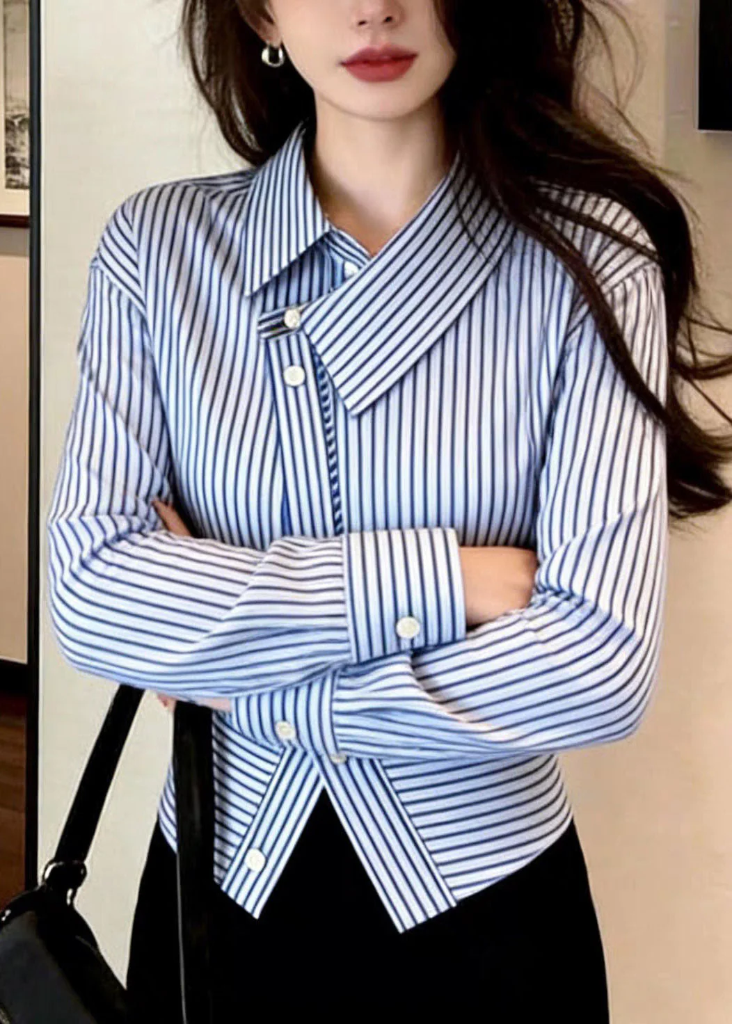 Chic Blue Striped Peter Pan Collar Button Shirt Spring - Image 2