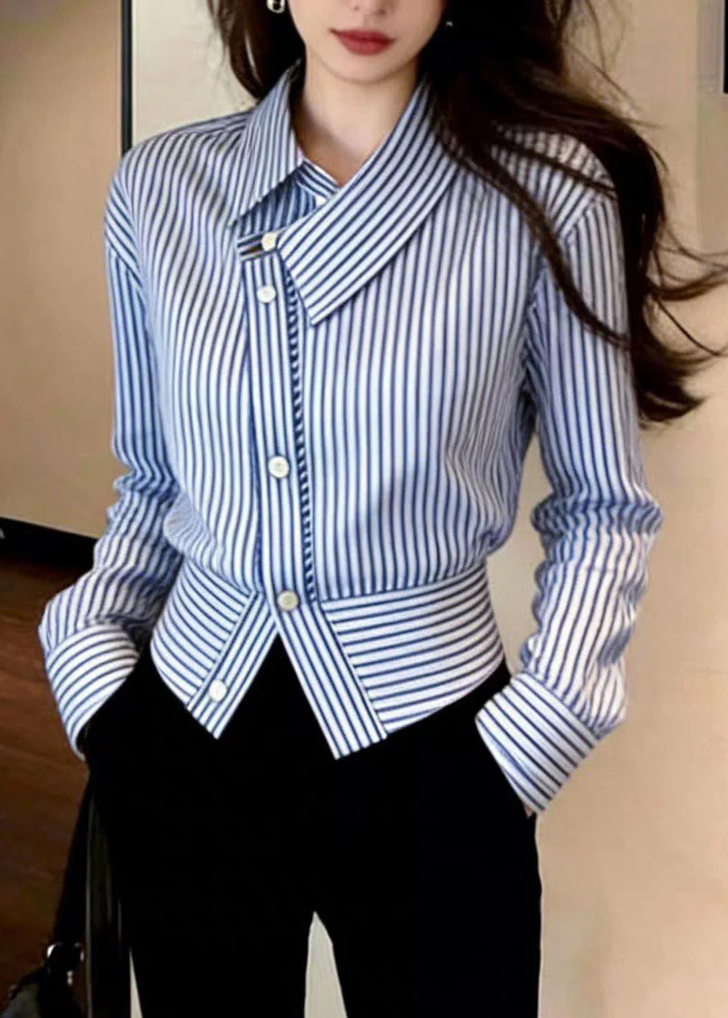 Chic Blue Striped Peter Pan Collar Button Shirt Spring - Image 3