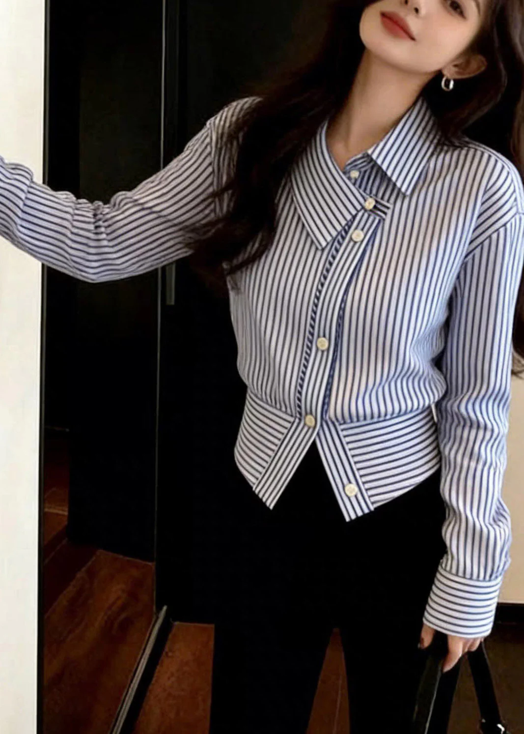 Chic Blue Striped Peter Pan Collar Button Shirt Spring - Image 4