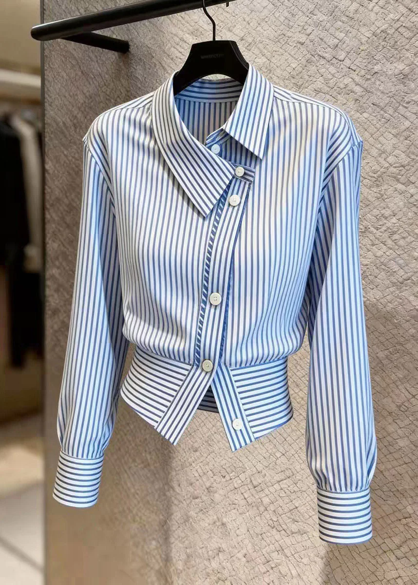 Chic Blue Striped Peter Pan Collar Button Shirt Spring - Image 5