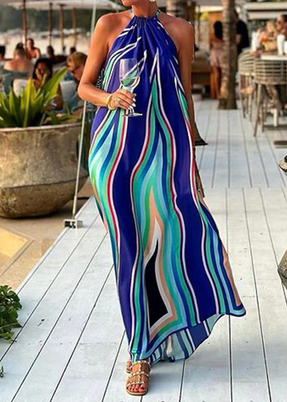 Chic Blue Striped Print Cotton Long Dresses Sleeveless - Image 2