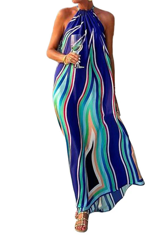 Chic Blue Striped Print Cotton Long Dresses Sleeveless - Image 5