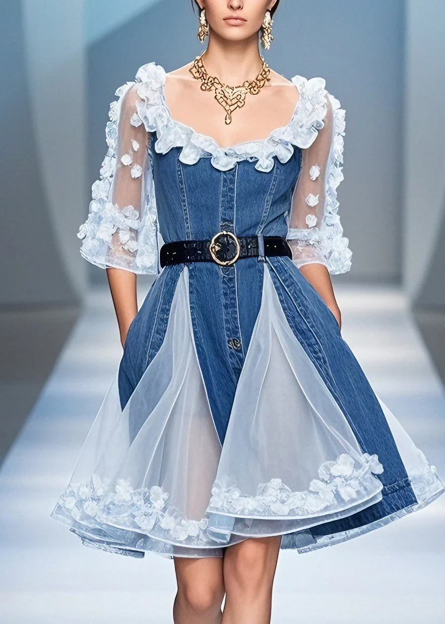 Chic Blue Tulle Ruffled Floral Denim Mid Dress Summer - Image 2