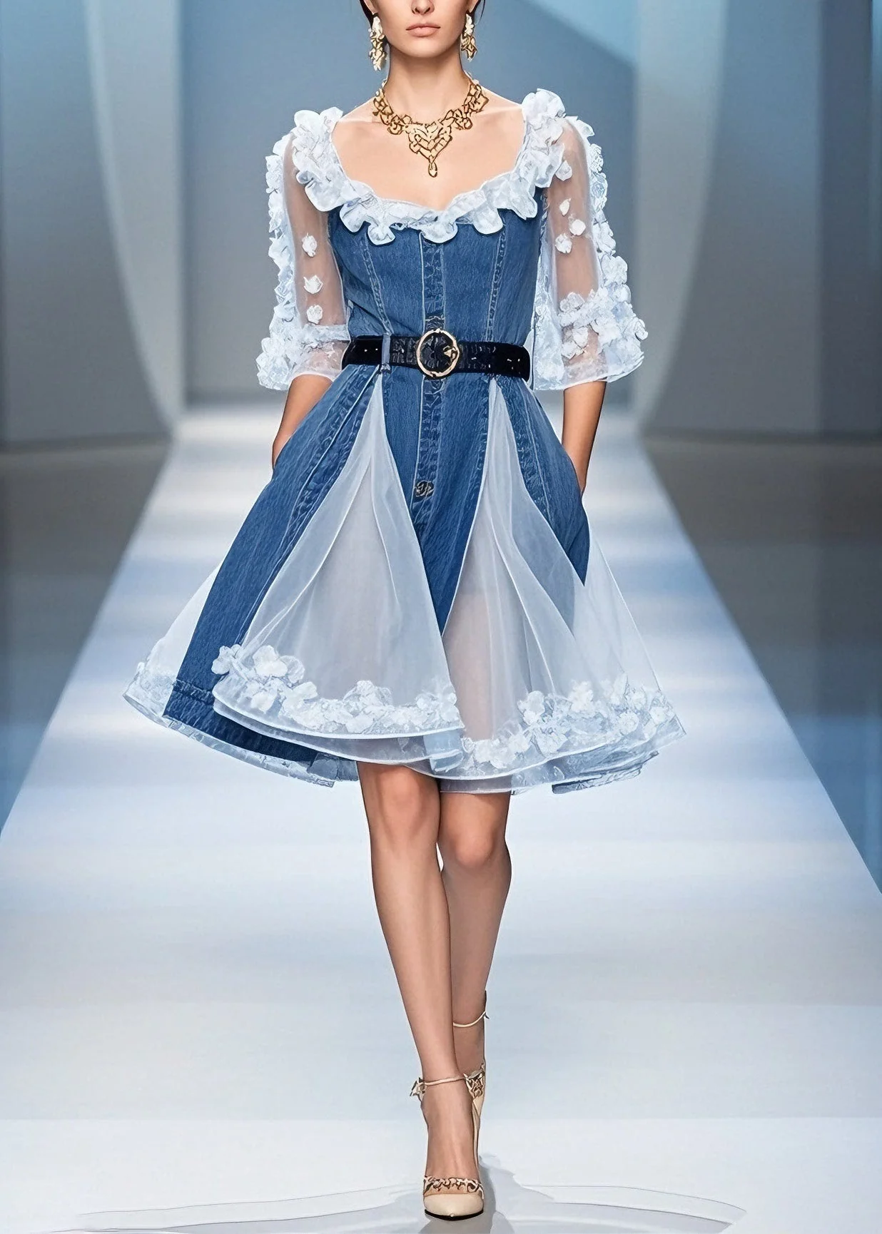 Chic Blue Tulle Ruffled Floral Denim Mid Dress Summer - Image 3