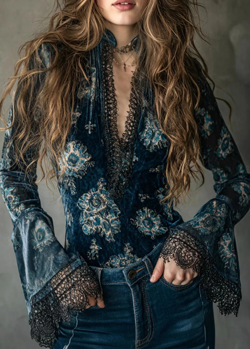 Chic Blue V Neck Lace Patchwork Velour Blouse Top Flare Sleeve