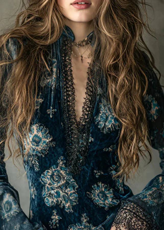 Chic Blue V Neck Lace Patchwork Velour Blouse Top Flare Sleeve - Image 2