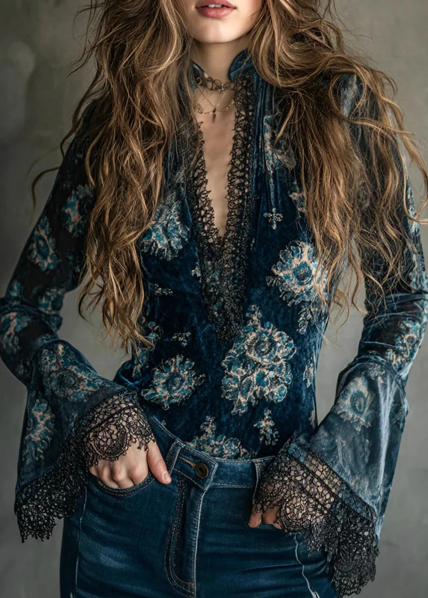 Chic Blue V Neck Lace Patchwork Velour Blouse Top Flare Sleeve - Image 3