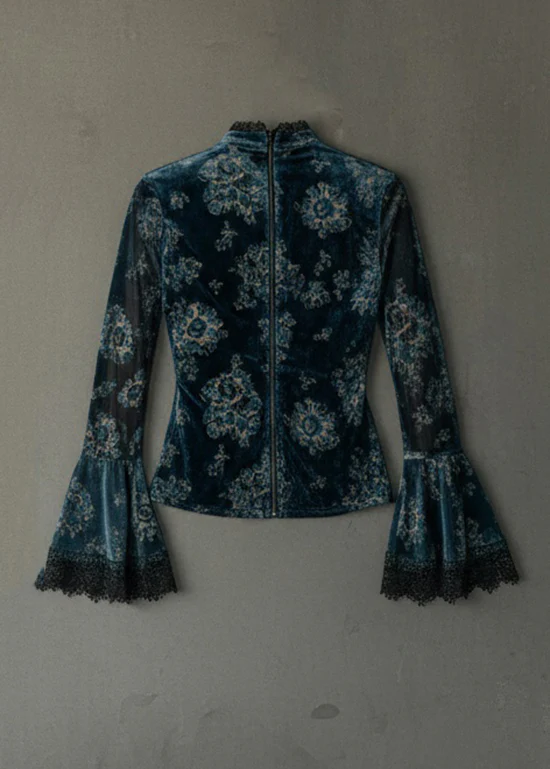 Chic Blue V Neck Lace Patchwork Velour Blouse Top Flare Sleeve - Image 4
