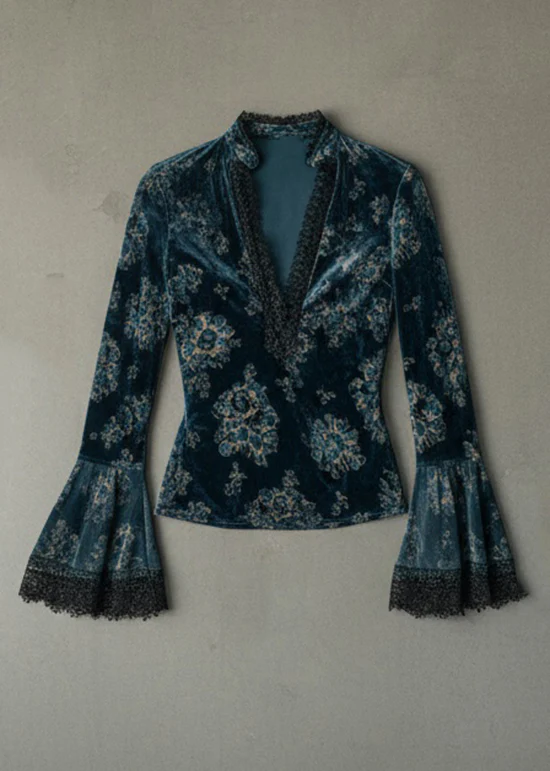 Chic Blue V Neck Lace Patchwork Velour Blouse Top Flare Sleeve - Image 5