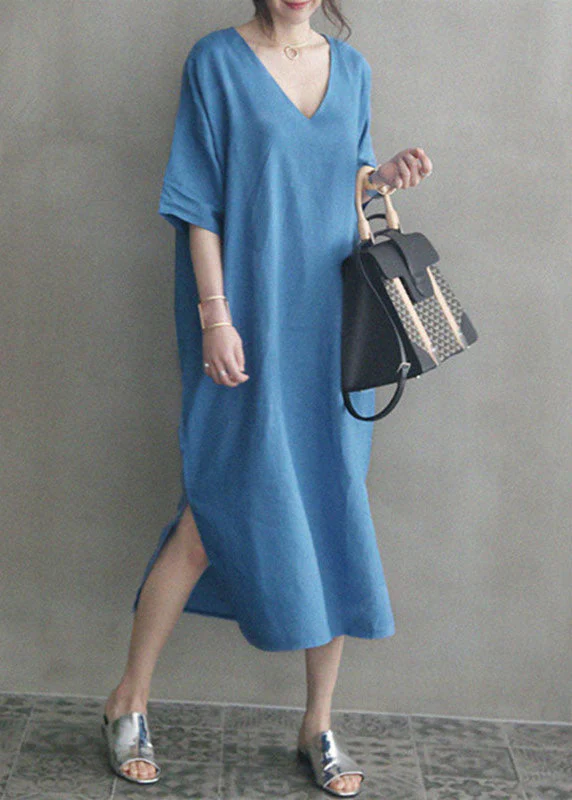 Chic Blue V Neck Patchwork Side Open Linen Maxi Dress Summer - Image 2