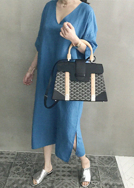 Chic Blue V Neck Patchwork Side Open Linen Maxi Dress Summer - Image 3