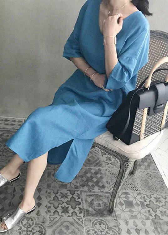 Chic Blue V Neck Patchwork Side Open Linen Maxi Dress Summer - Image 4
