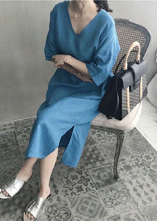 Chic Blue V Neck Patchwork Side Open Linen Maxi Dress Summer - Image 5