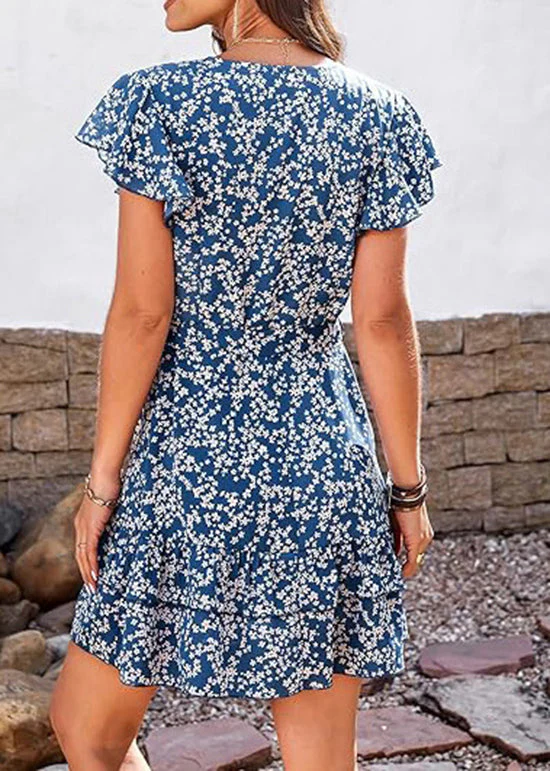 Chic Blue V Neck Print Chiffon Dress Butterfly Sleeve - Image 4
