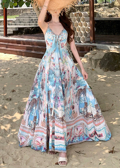 Chic Blue V Neck Print Cotton Spaghetti Strap Dress Sleeveless