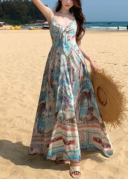 Chic Blue V Neck Print Cotton Spaghetti Strap Dress Sleeveless - Image 2