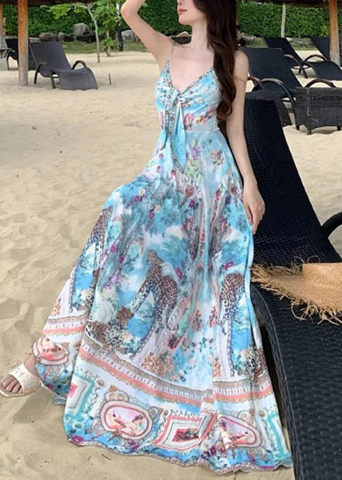 Chic Blue V Neck Print Cotton Spaghetti Strap Dress Sleeveless - Image 3