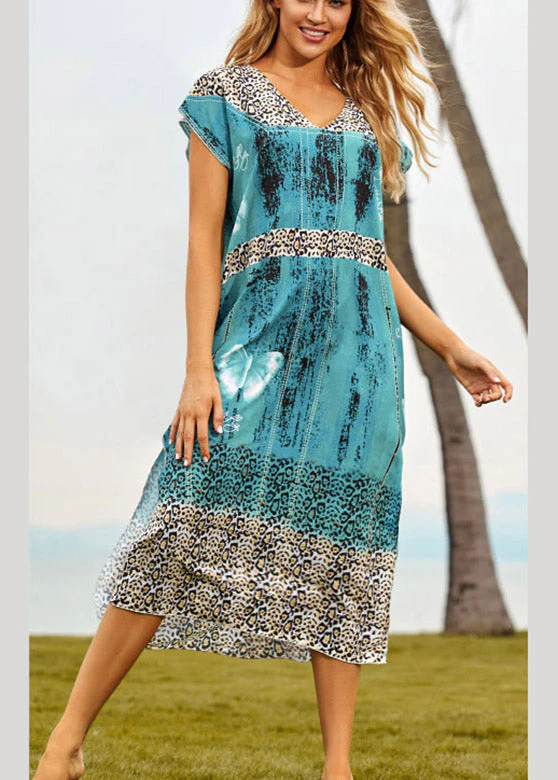 Chic Blue V Neck Print Side Open Maxi Beach Dresses Summer - Image 2