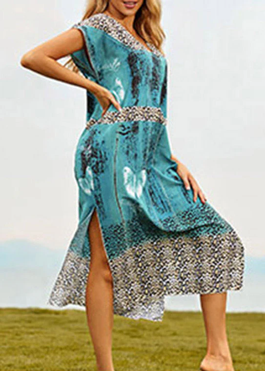 Chic Blue V Neck Print Side Open Maxi Beach Dresses Summer - Image 3