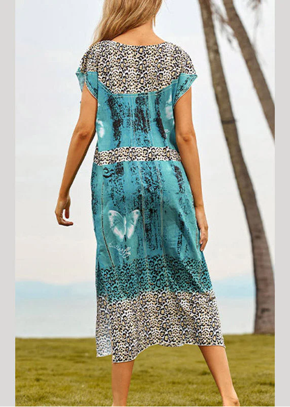 Chic Blue V Neck Print Side Open Maxi Beach Dresses Summer - Image 5