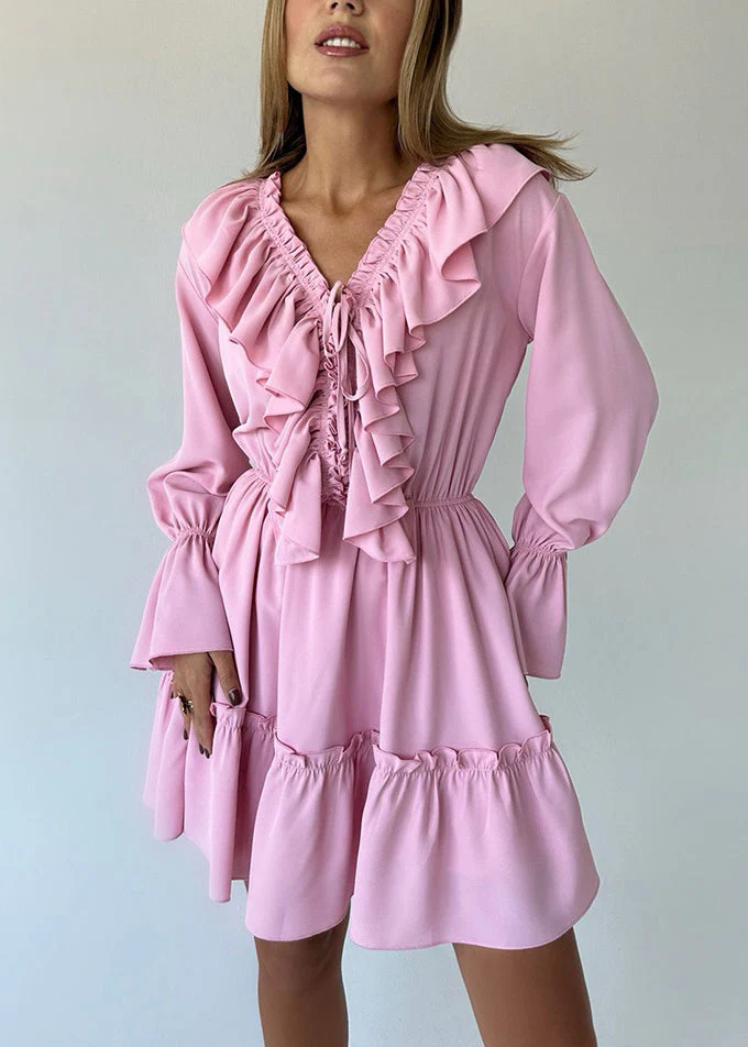 Chic Blue V Neck Ruffled Cotton Mid Dress Flare Sleeve - Image 2