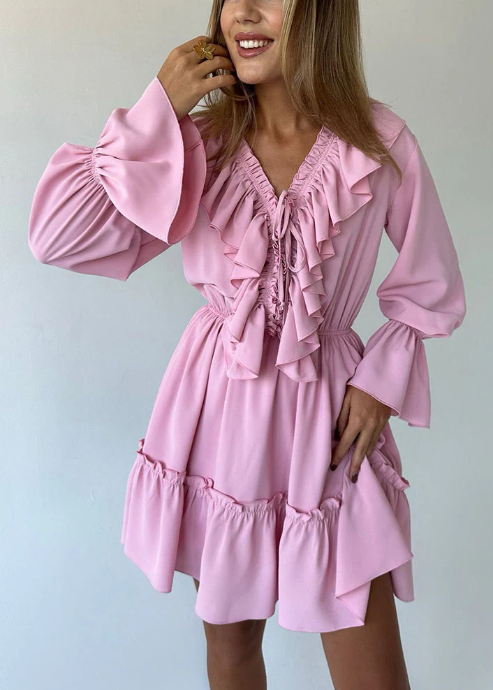 Chic Blue V Neck Ruffled Cotton Mid Dress Flare Sleeve - Image 3