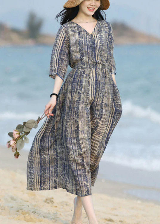 Chic Blue V Neck Striped Patchwork Pockets Linen Dresses Short Sleeve - Image 2