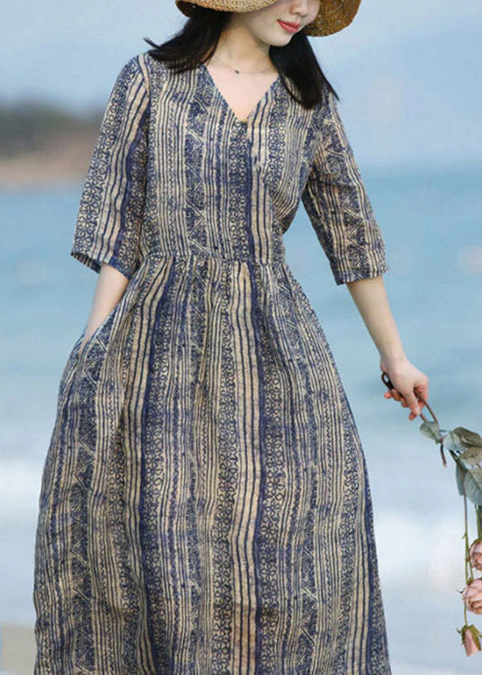 Chic Blue V Neck Striped Patchwork Pockets Linen Dresses Short Sleeve - Image 3