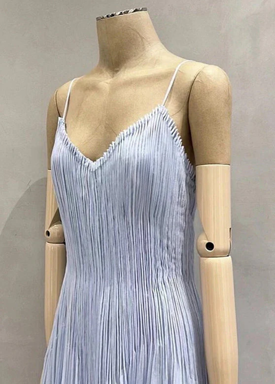 Chic Blue V Neck Wrinkled Cotton Spaghetti Strap Dress Summer