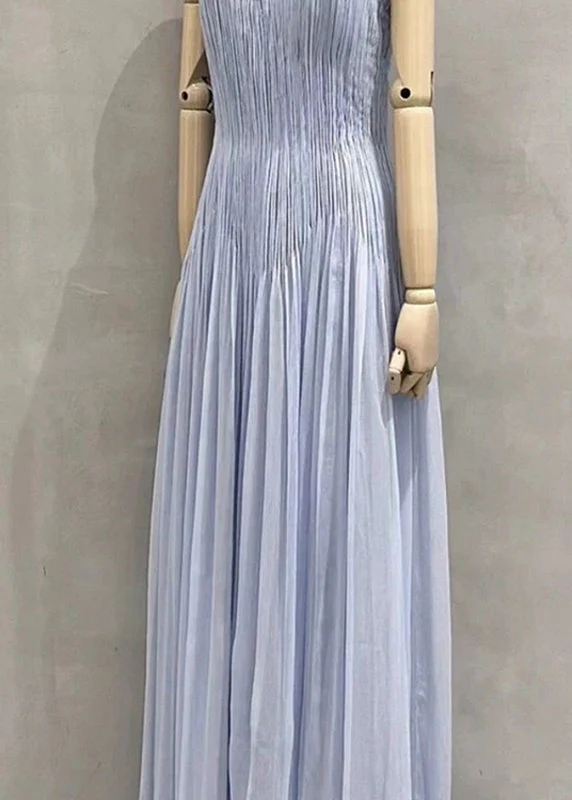 Chic Blue V Neck Wrinkled Cotton Spaghetti Strap Dress Summer - Image 2