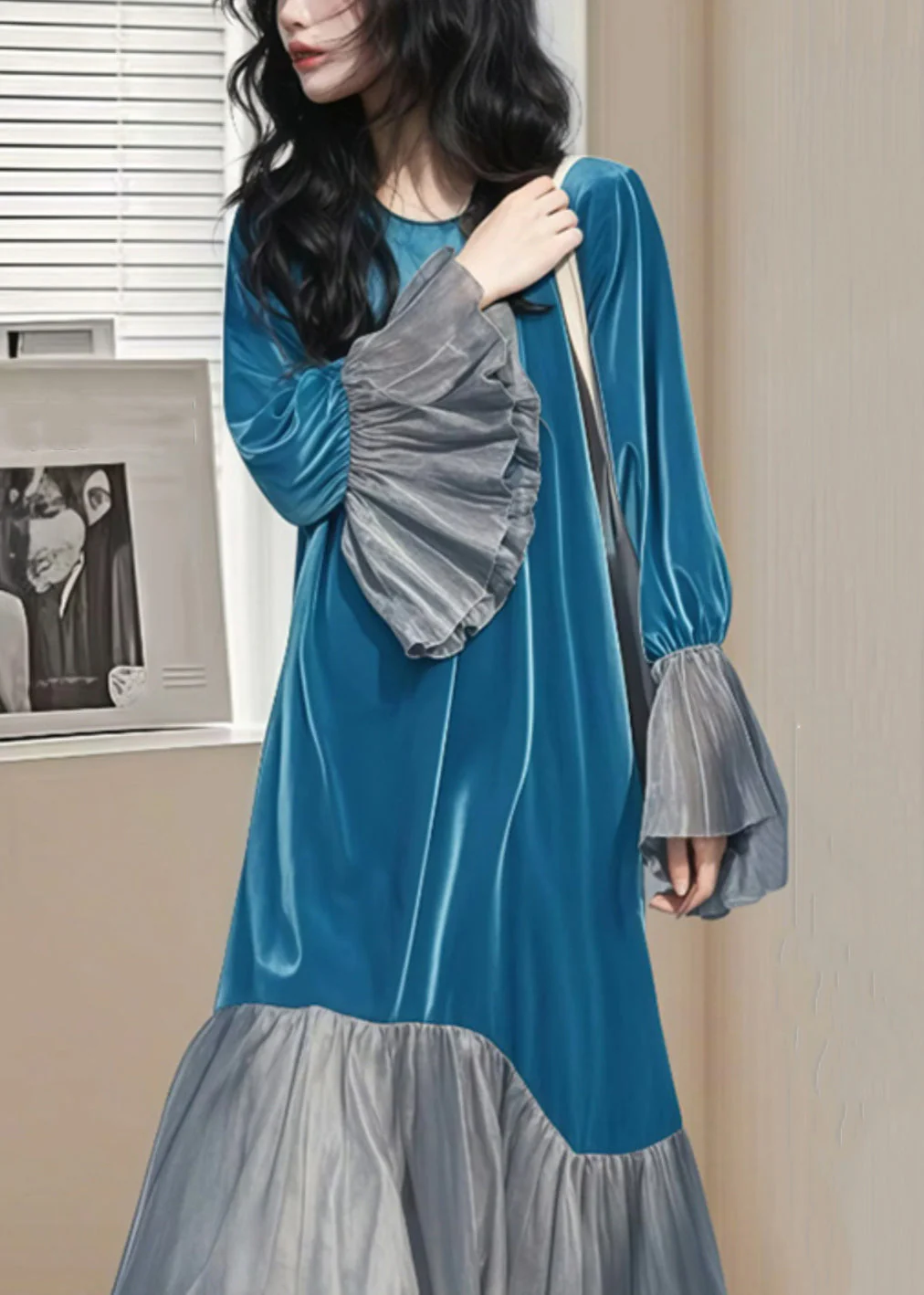 Chic Blue Wrinkled Patchwork Silk Velvet Long Dress Flare Sleeve - Image 2