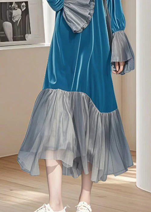 Chic Blue Wrinkled Patchwork Silk Velvet Long Dress Flare Sleeve - Image 3