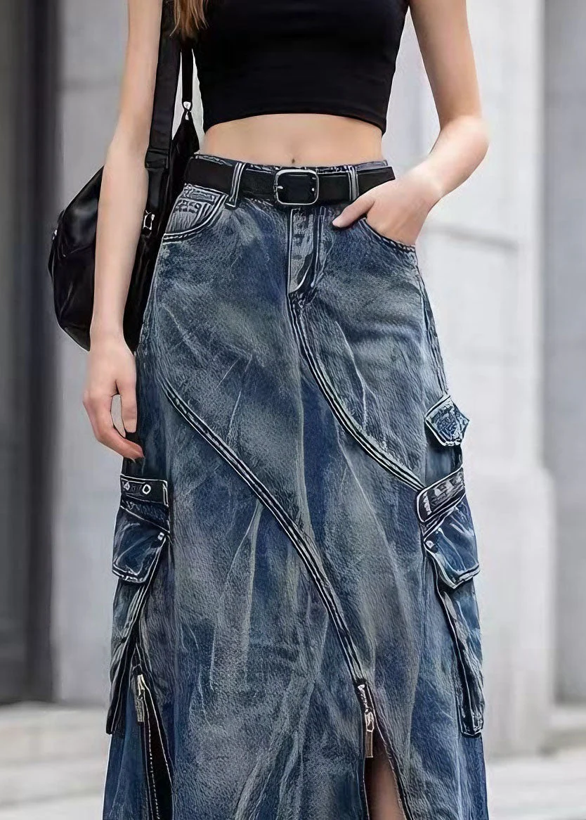 Chic Blue Zip Up Pockets Tie Dye Denim Skirts Spring - Image 2