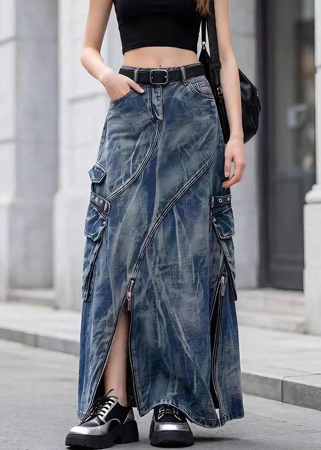 Chic Blue Zip Up Pockets Tie Dye Denim Skirts Spring - Image 3