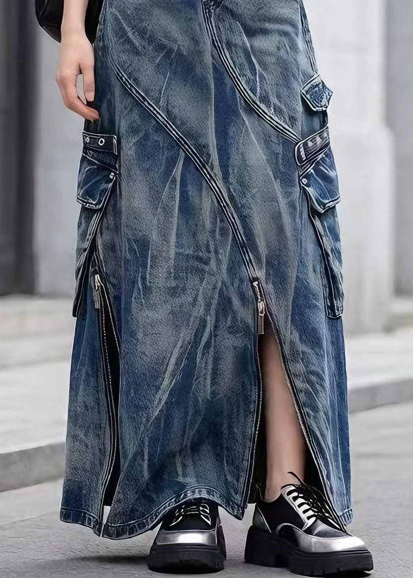Chic Blue Zip Up Pockets Tie Dye Denim Skirts Spring - Image 4