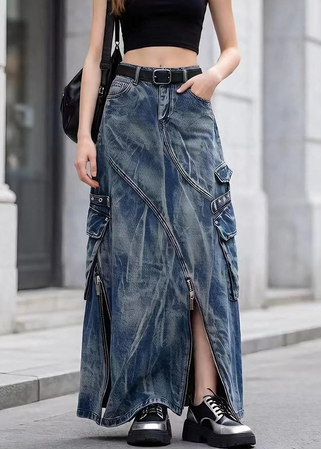 Chic Blue Zip Up Pockets Tie Dye Denim Skirts Spring - Image 5