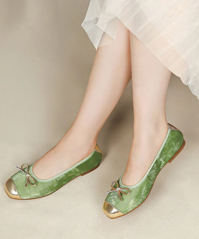 Chic Bow Flat Shoes For Women Green Sheepskin - Image 4