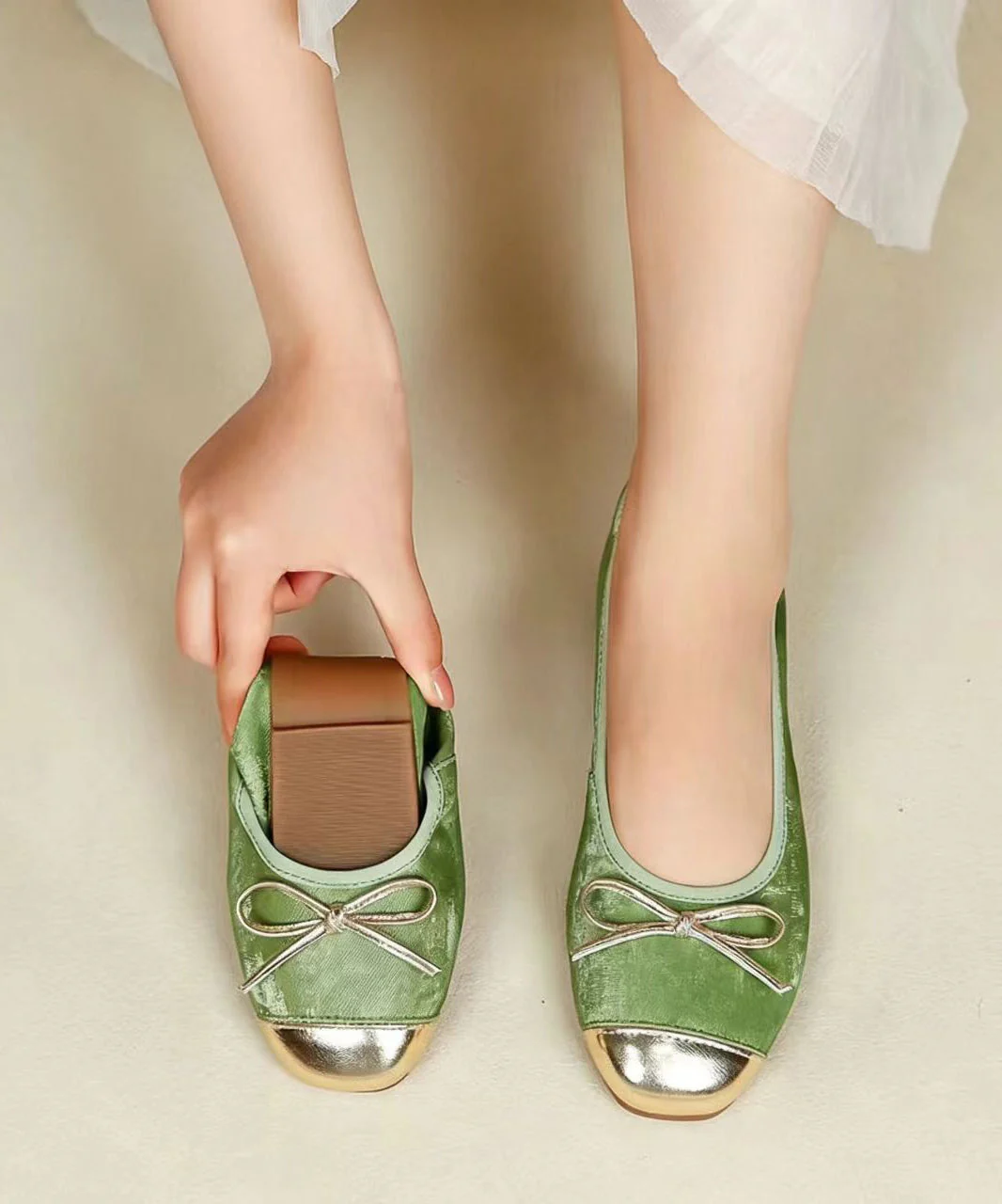 Chic Bow Flat Shoes For Women Green Sheepskin - Image 5
