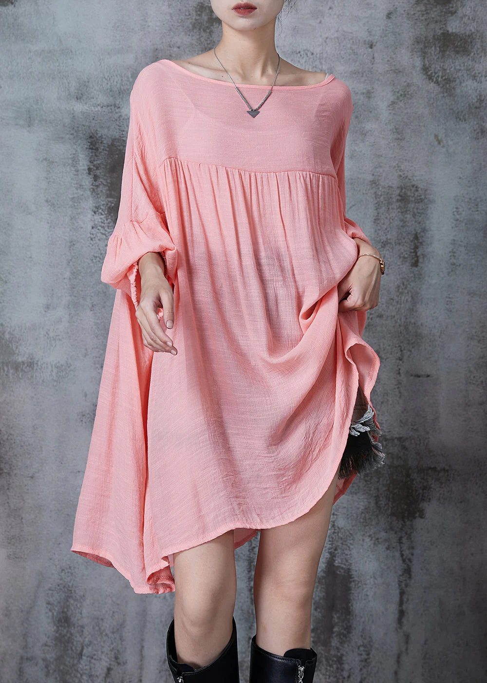 Chic Brick Red Oversized Asymmetrical Design Cotton Dresses Fall - Image 2