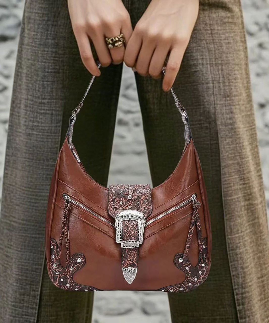 Chic Brown Appliqued Rivet Faux Leather Shoulder Bags - Image 2