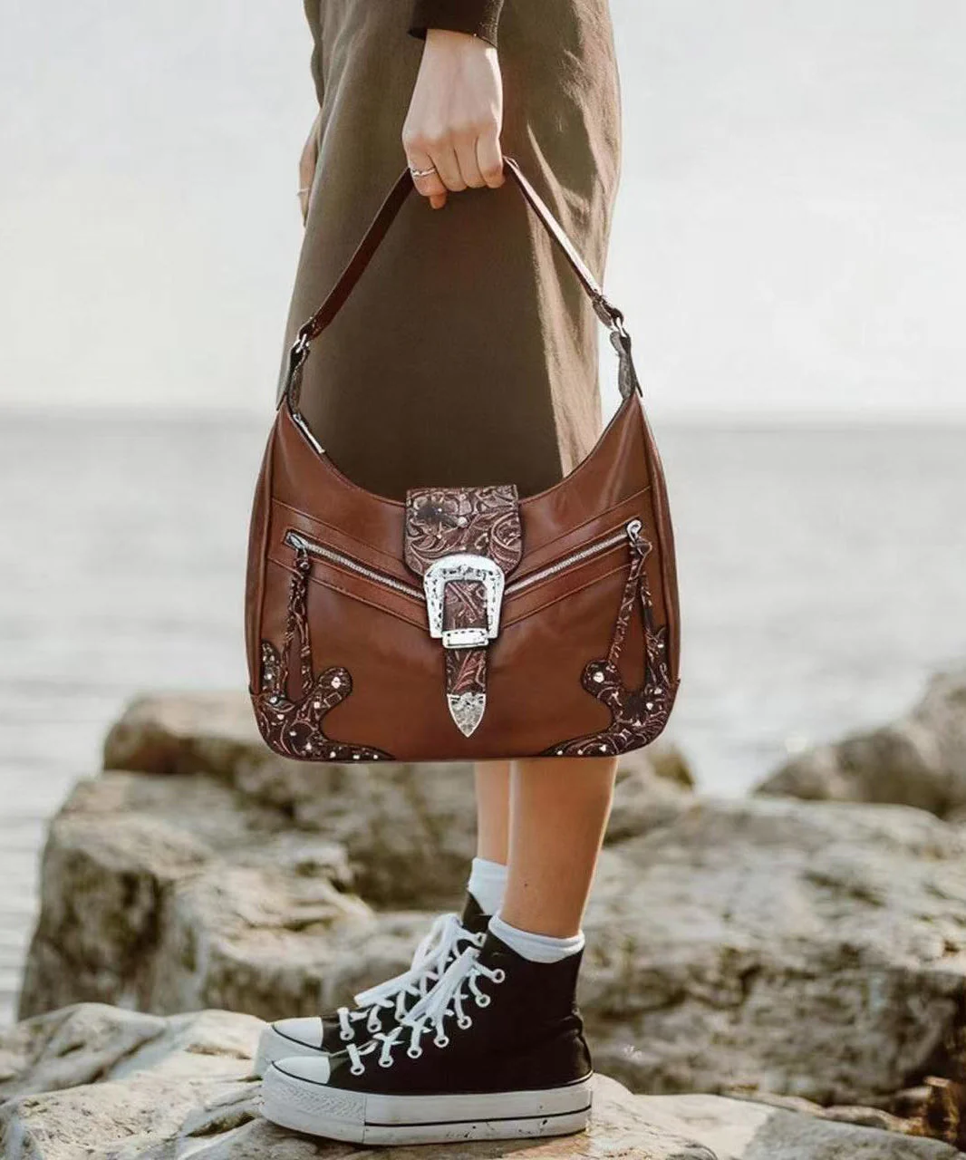 Chic Brown Appliqued Rivet Faux Leather Shoulder Bags - Image 3