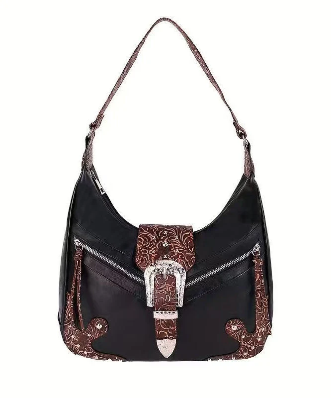 Chic Brown Appliqued Rivet Faux Leather Shoulder Bags - Image 4