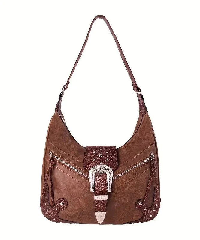 Chic Brown Appliqued Rivet Faux Leather Shoulder Bags - Image 5