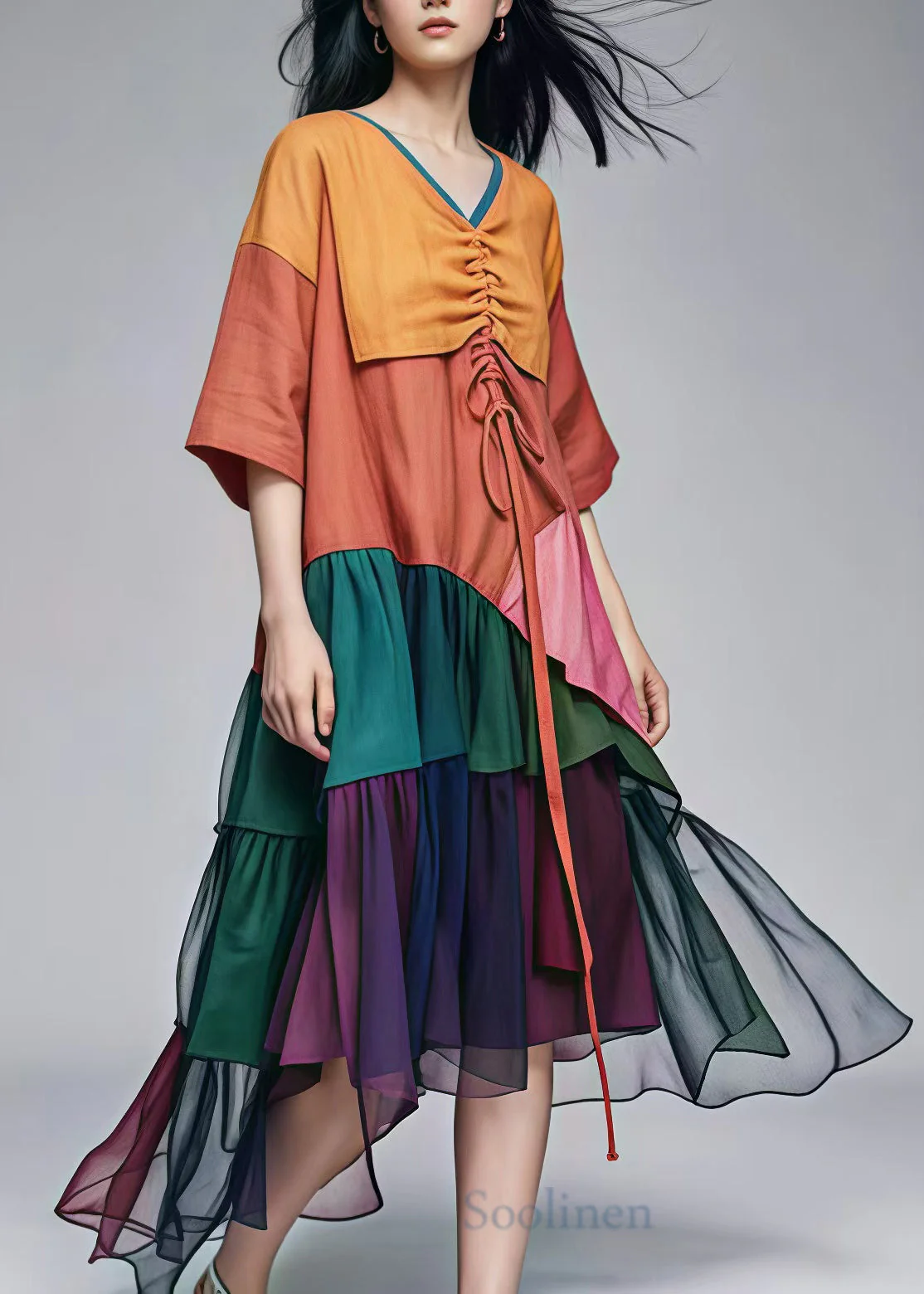 Chic Brown Drawstring Patchwork Cotton Long Dress Summer - Image 2