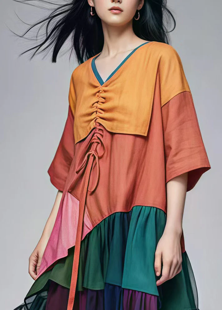 Chic Brown Drawstring Patchwork Cotton Long Dress Summer - Image 3