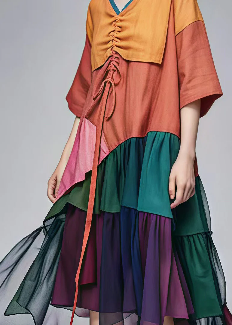 Chic Brown Drawstring Patchwork Cotton Long Dress Summer - Image 4