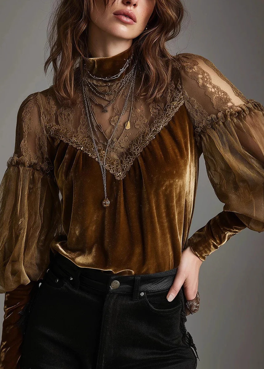Chic Brown Hign Neck Tulle Lace Patchwork Velour Shirts Spring