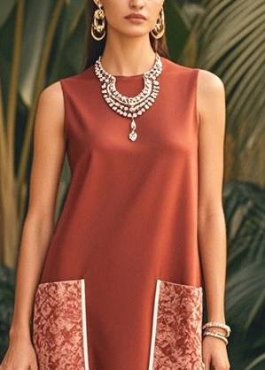 Chic Brown O-Neck Patchwork Pockets Silk Maxi Dress Sleeveless - Image 2