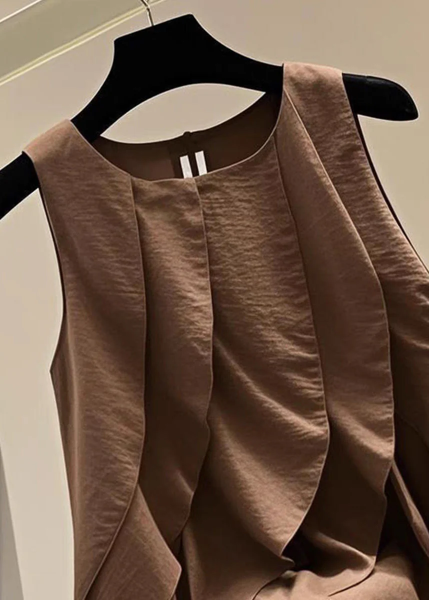 Chic Brown O-Neck Ruffled Patchwork T Shirts Summer - Image 2