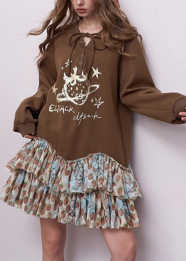 Chic Brown Oversized Patchwork Cotton Sweatshirts Dress Spring - Image 2